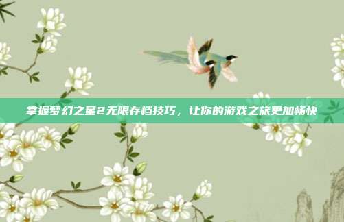 掌握梦幻之星2无限存档技巧,让你的游戏之旅更加畅快